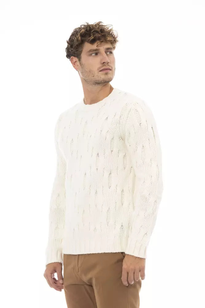 Alpha Studio Eleganter beigefarbener Woll-Kaschmir-Pullover mit Rundhalsausschnitt