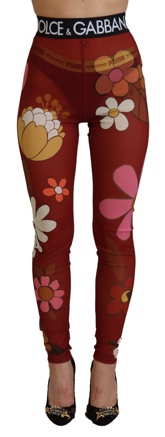 Dolce &amp; Gabbana Red Floral Leggings Stretch Waist Pants