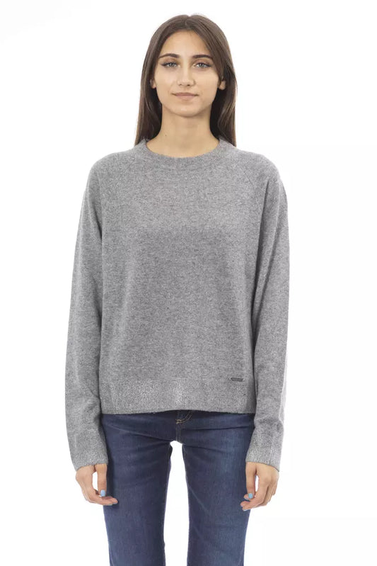 Baldinini Trend Chic Grauer Pullover aus Wollmischung mit Rundhalsausschnitt