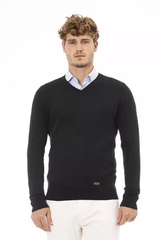 Baldinini Trend schwarzer Pullover aus geripptem Strick mit V-Ausschnitt