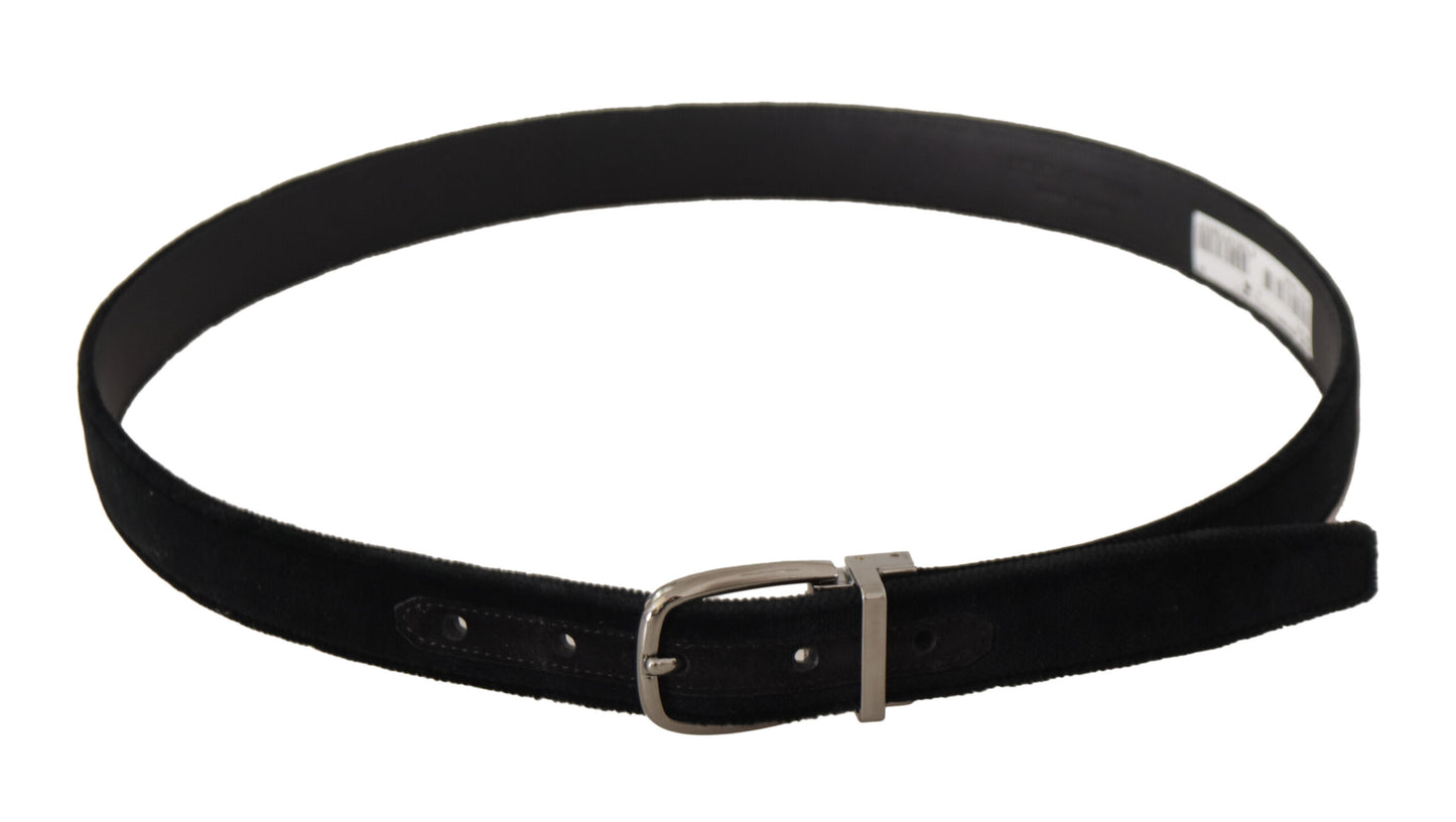 Dolce &amp; Gabbana Black Classic Velvet Silver Tone Metal Buckle Belt