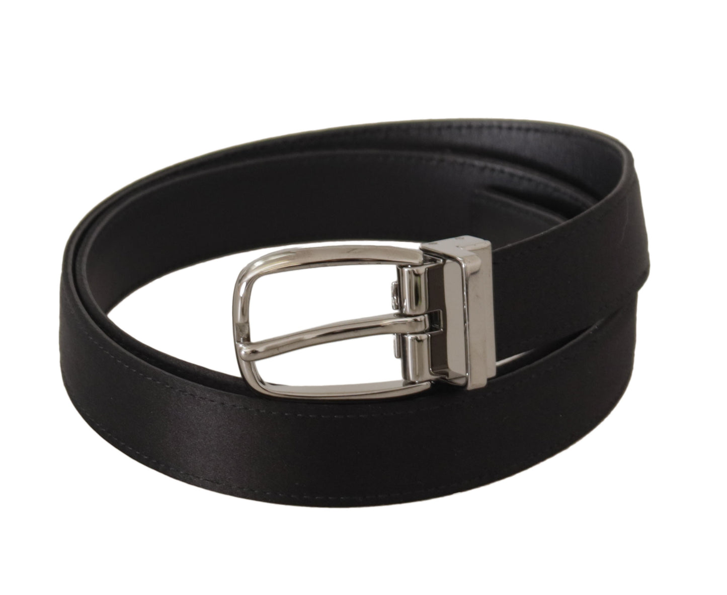 Dolce &amp; Gabbana Black Calf Leather Silver Logo Metal Buckle Belt