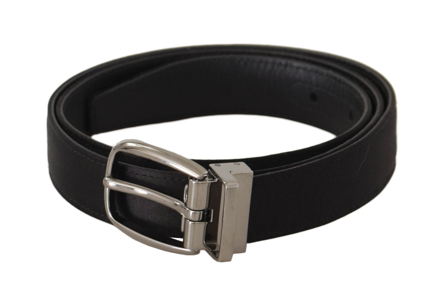 Dolce &amp; Gabbana Black Calf Leather Silver Logo Metal Buckle Belt