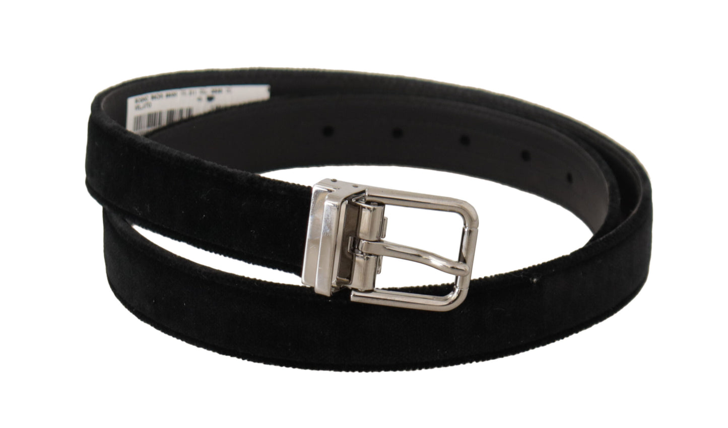 Dolce &amp; Gabbana Black Casual Velvet Silver Metal Logo Buckle Belt