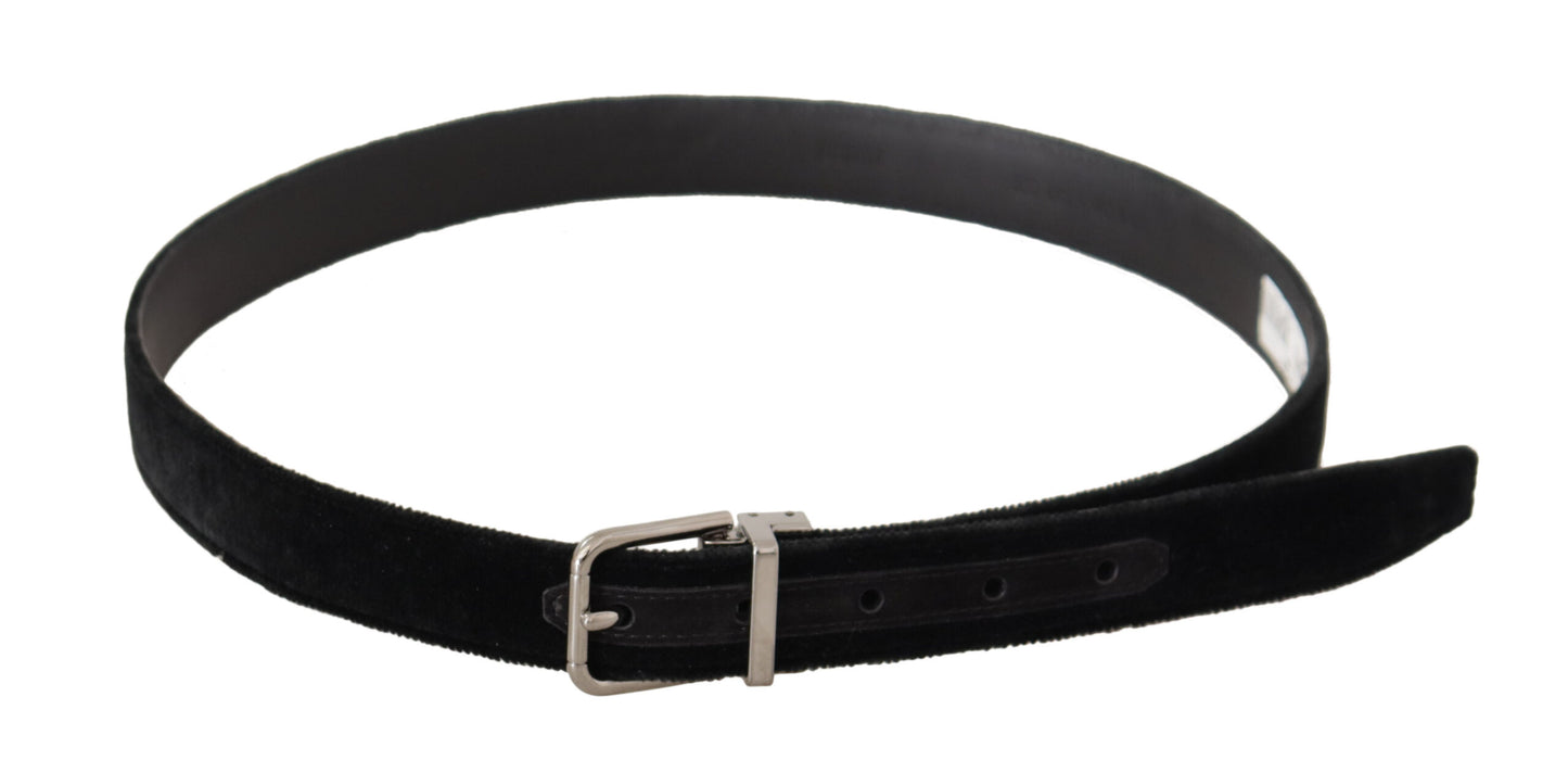 Dolce &amp; Gabbana Black Casual Velvet Silver Metal Logo Buckle Belt