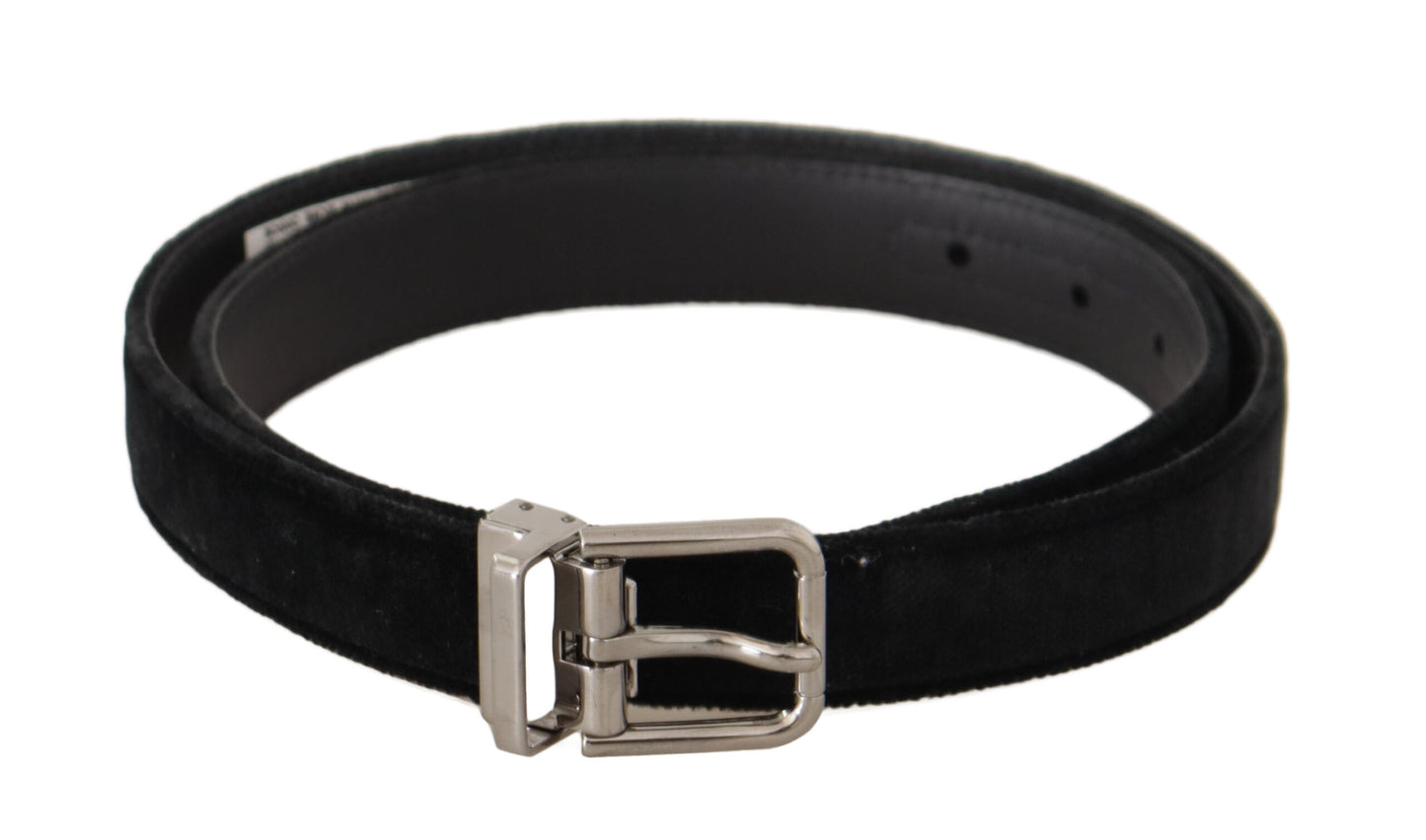 Dolce &amp; Gabbana Black Casual Velvet Silver Metal Logo Buckle Belt