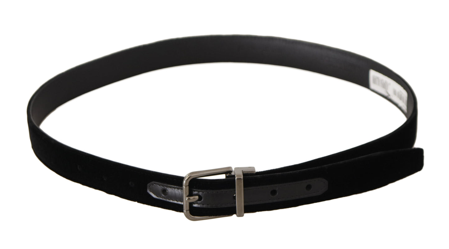 Dolce &amp; Gabbana Black Classic Velvet Logo Engraved Metal Buckle Belt