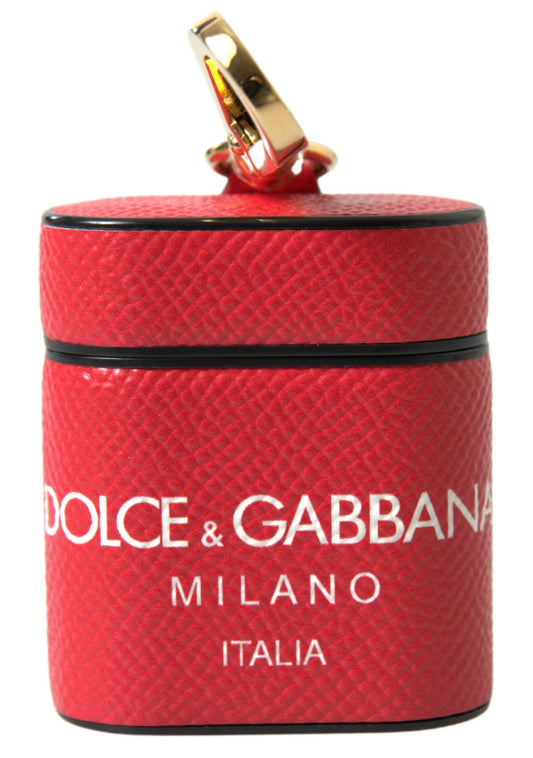 Dolce &amp; Gabbana Red Leather Gold Tone Metal Logo Print Airpods Case