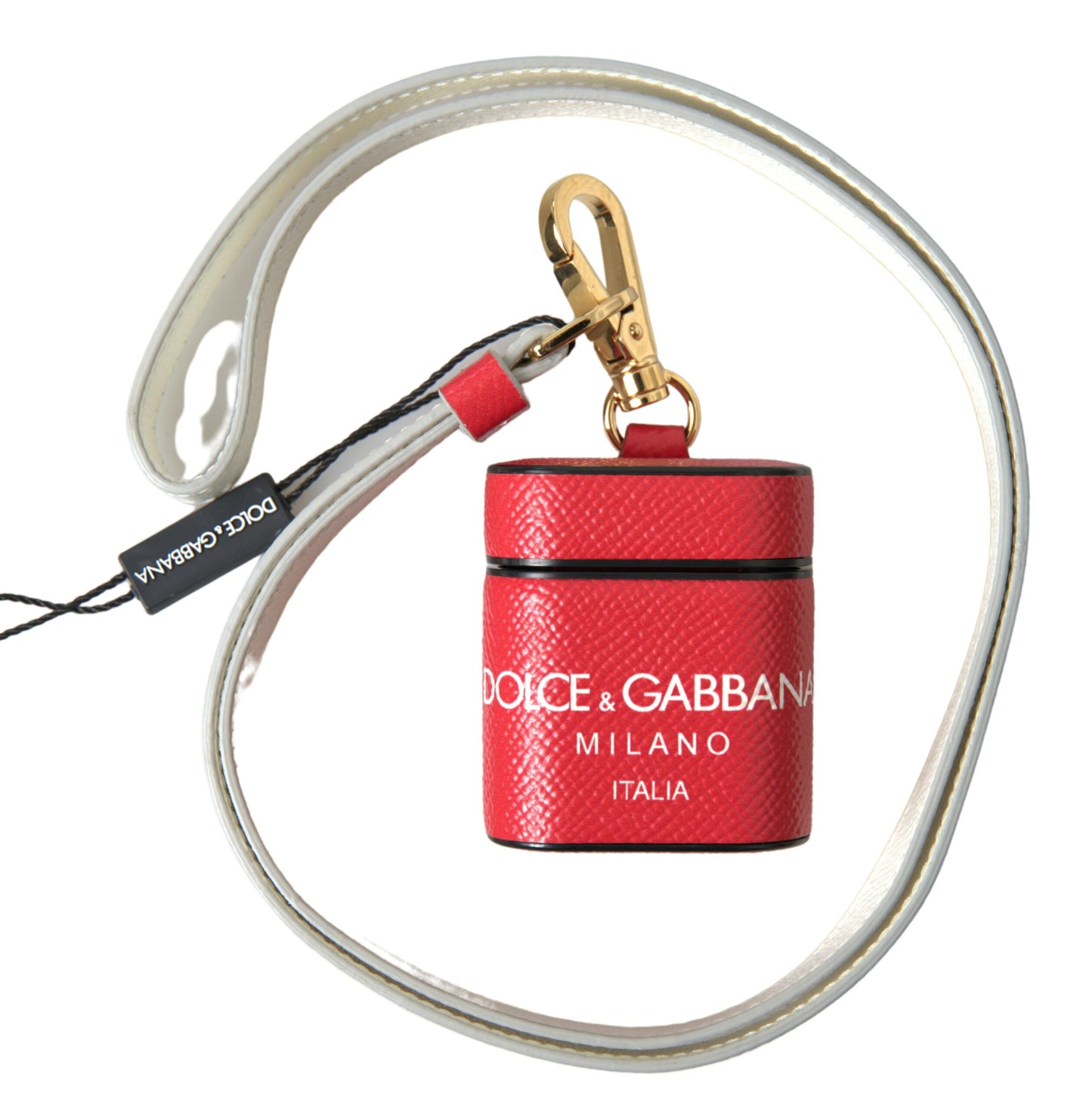 Dolce &amp; Gabbana Red Leather Gold Tone Metal Logo Print Airpods Case