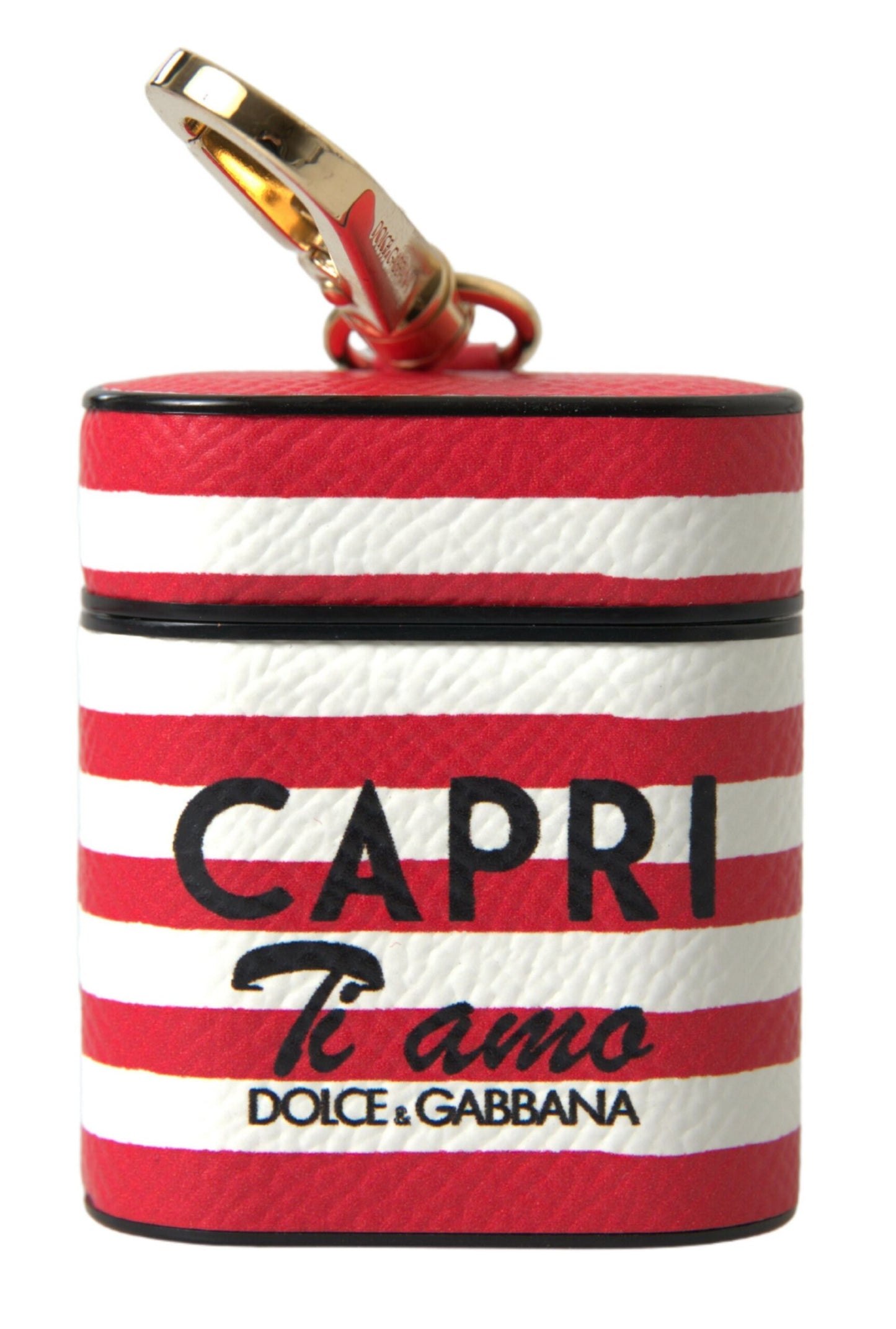 Dolce &amp; Gabbana Red Stripe Dauphine Leather Logo Print Strap Airpod Case