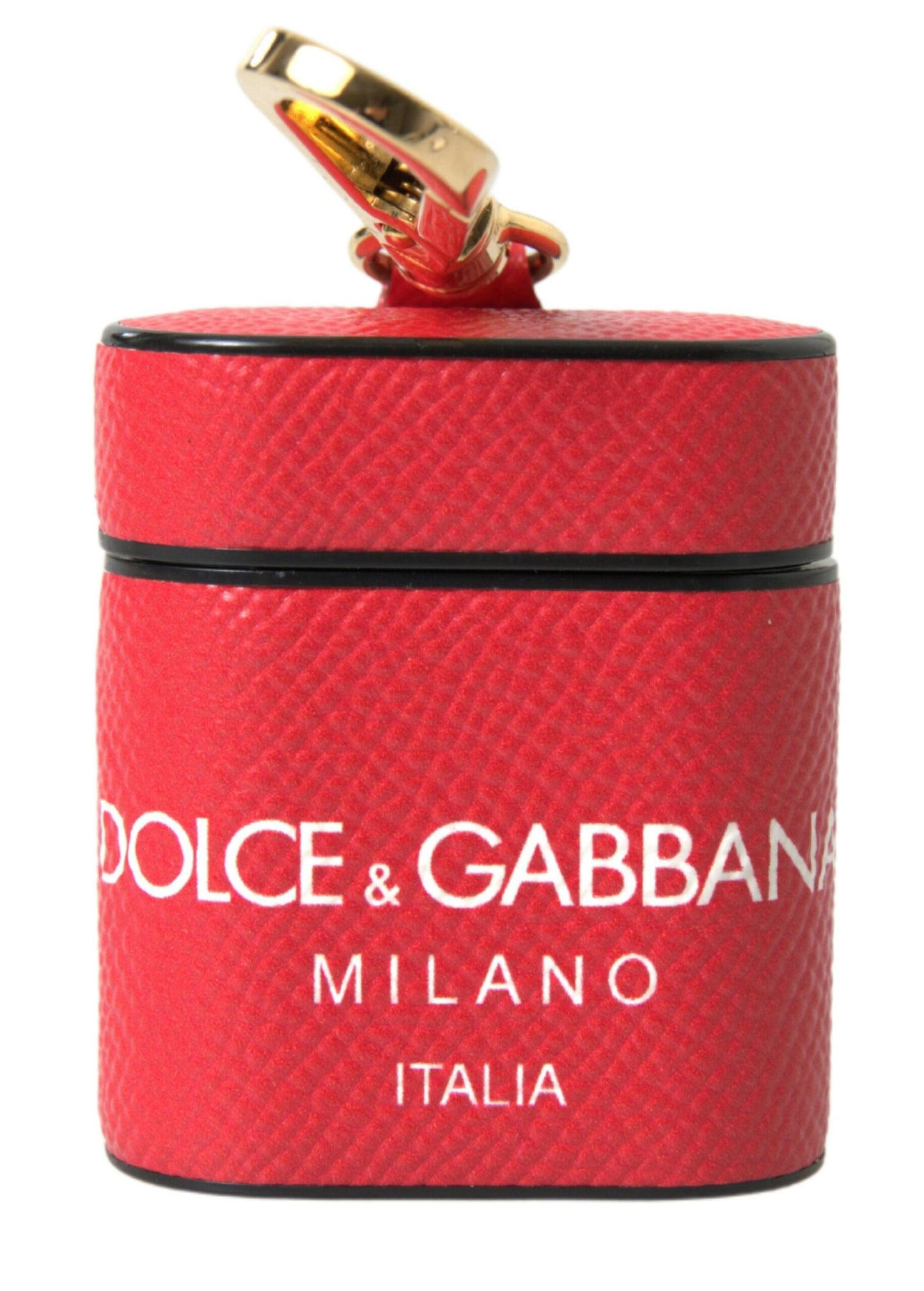 Dolce &amp; Gabbana Red Leather Gold Tone Metal Logo Print Strap Airpods Case