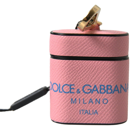 Dolce &amp; Gabbana Pink Blue Calf Leather Logo Print Strap Airpods Case