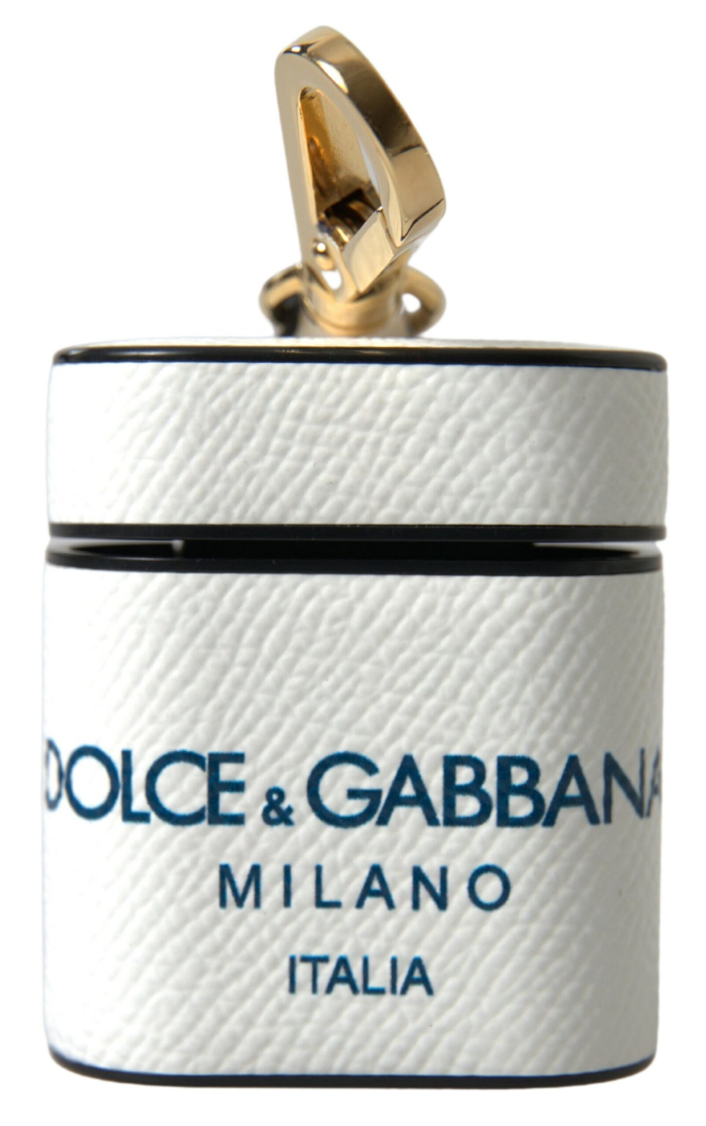 Dolce &amp; Gabbana White Blue Calf Leather Logo Print Strap Airpods Case