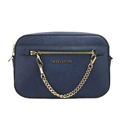 Michael Kors Jet Set Große East West Navy Leder-Umhängetasche mit Reißverschluss und Kette