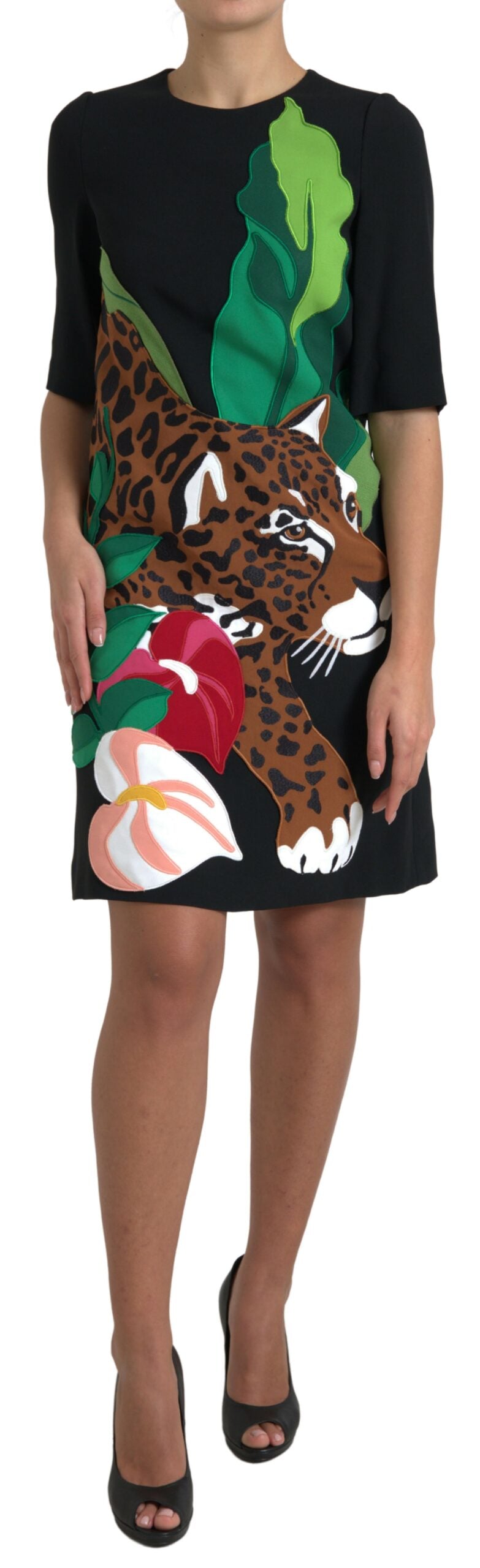 Dolce &amp; Gabbana Black Tiger Jungle Print Sheath Stretch Dress