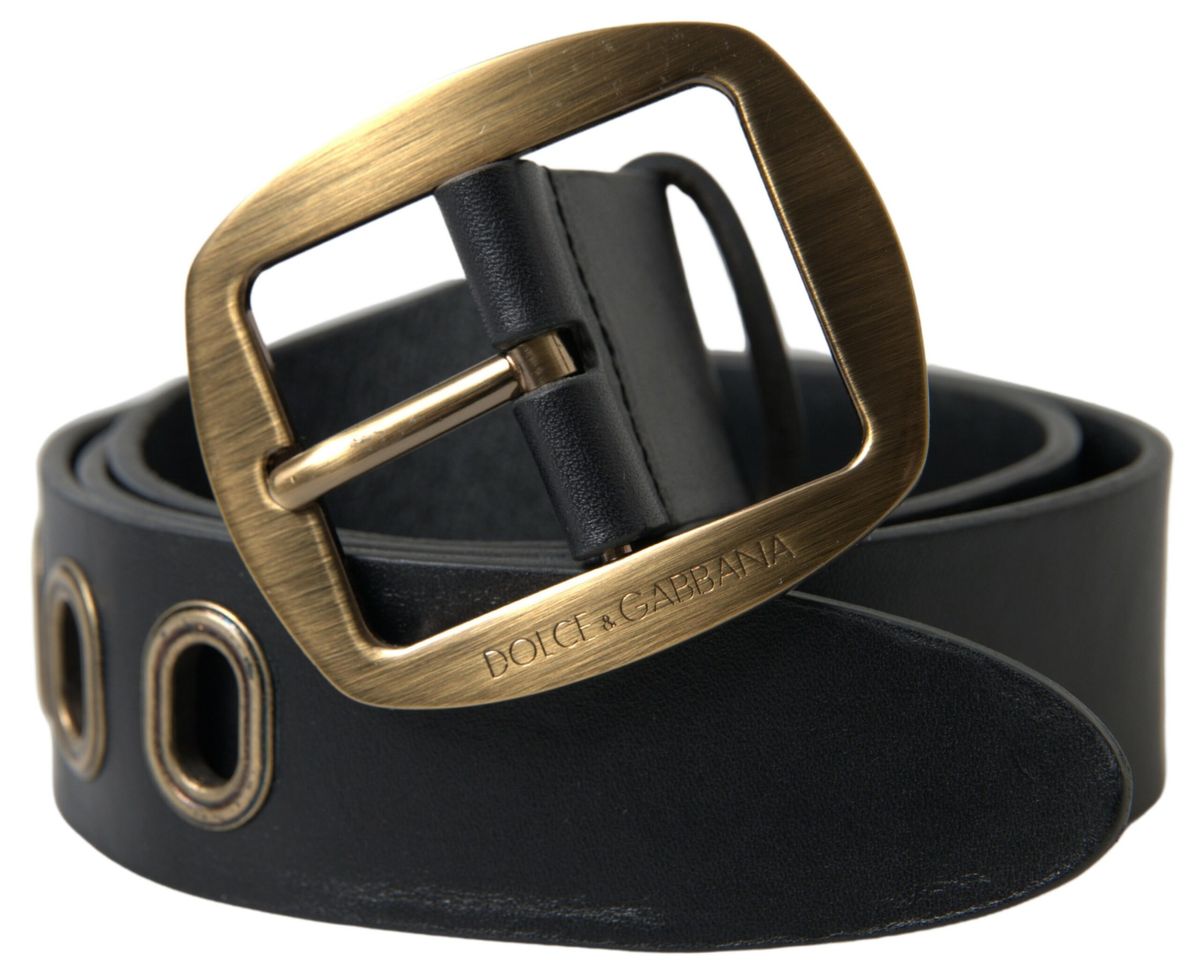 Dolce &amp; Gabbana Black Leather Gold Metal Buckle Men Belt