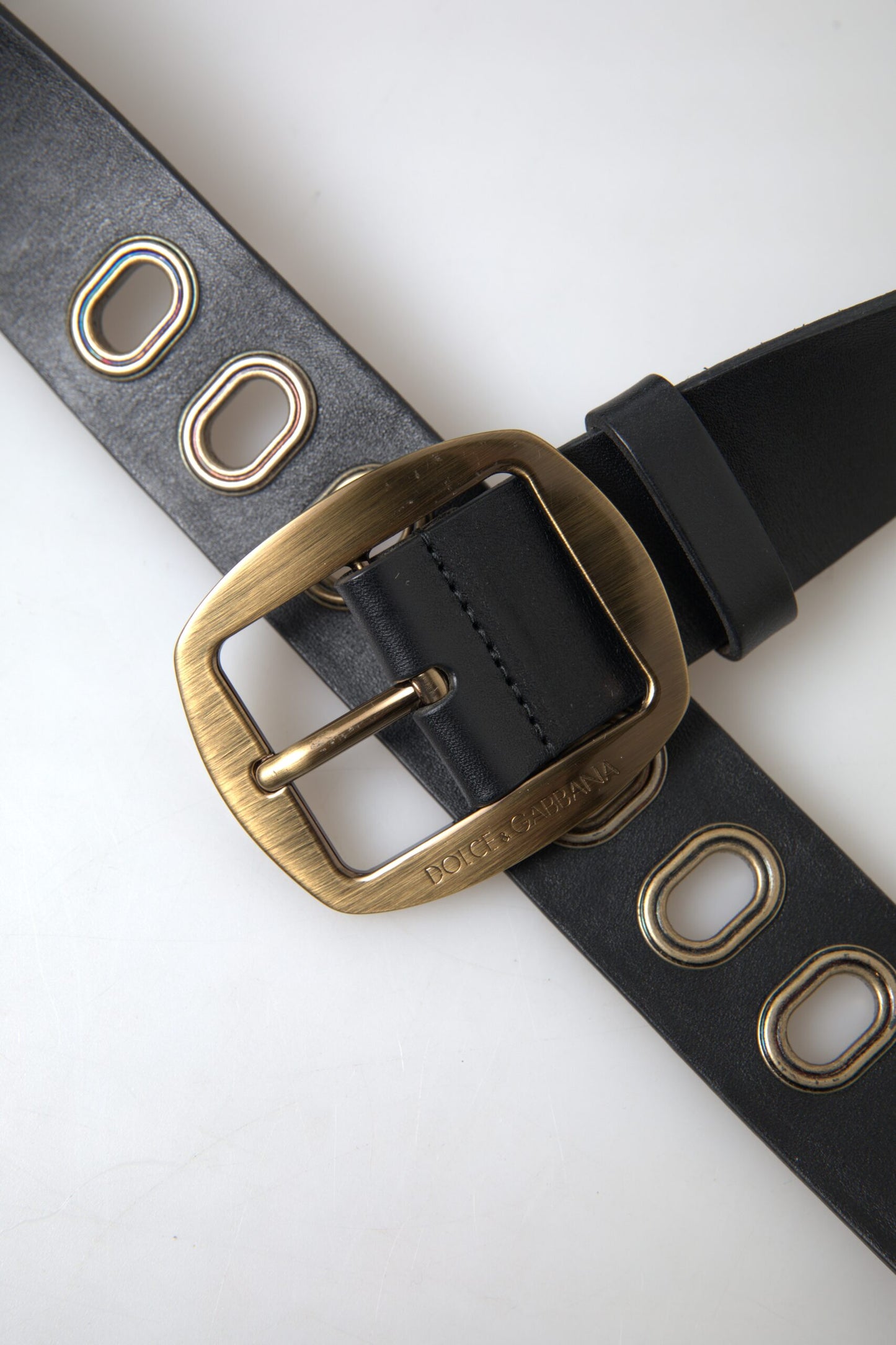 Dolce &amp; Gabbana Black Leather Gold Metal Buckle Men Belt