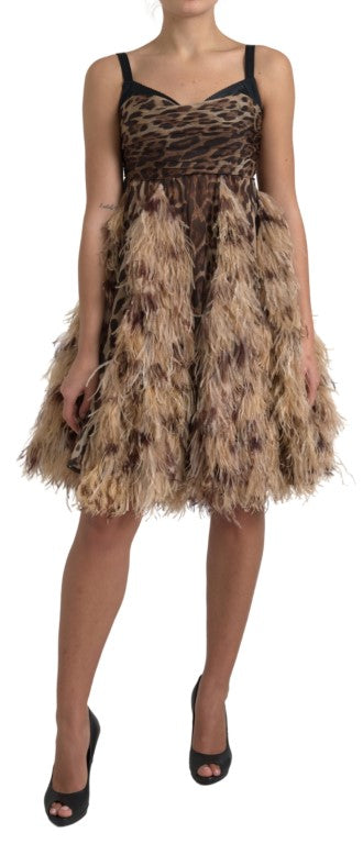 Dolce &amp; Gabbana Brown Leopard Feather Chiffon Sleeveless Dress