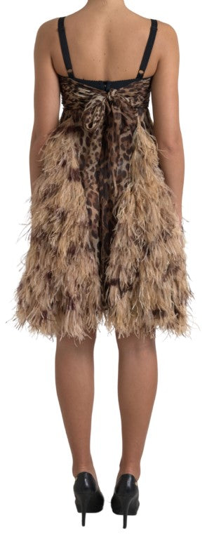 Dolce &amp; Gabbana Brown Leopard Feather Chiffon Sleeveless Dress