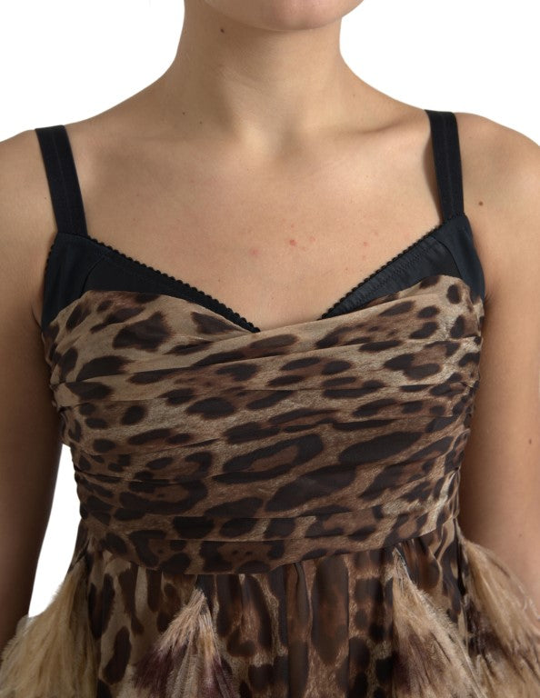 Dolce &amp; Gabbana Brown Leopard Feather Chiffon Sleeveless Dress