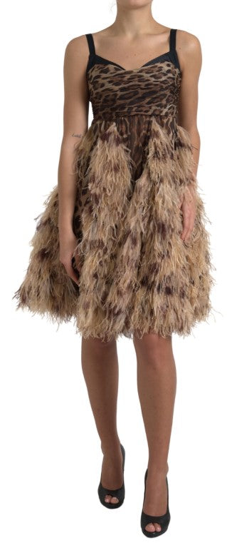 Dolce &amp; Gabbana Brown Leopard Feather Chiffon Sleeveless Dress