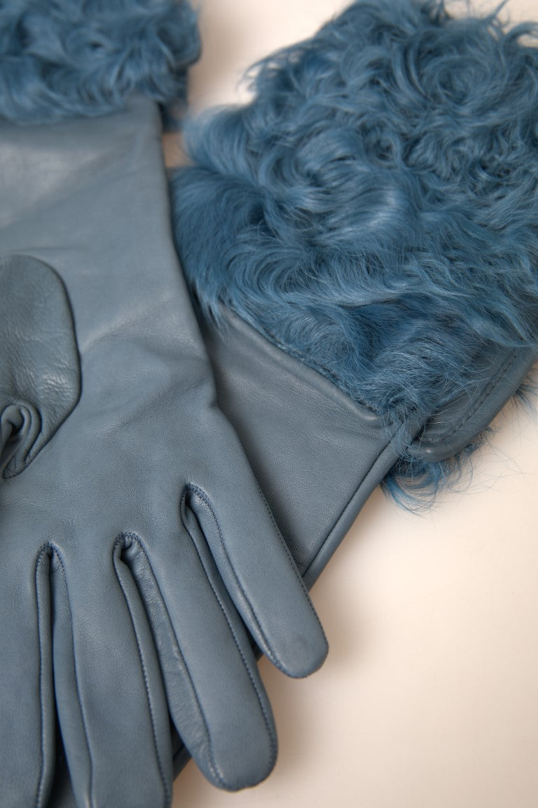 Dolce &amp; Gabbana Blue Leather Fur Mid Arm Length Gloves