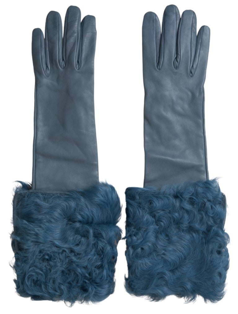 Dolce &amp; Gabbana Blue Leather Fur Mid Arm Length Gloves