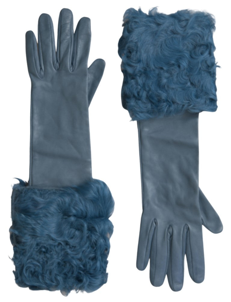 Dolce &amp; Gabbana Blue Leather Fur Mid Arm Length Gloves