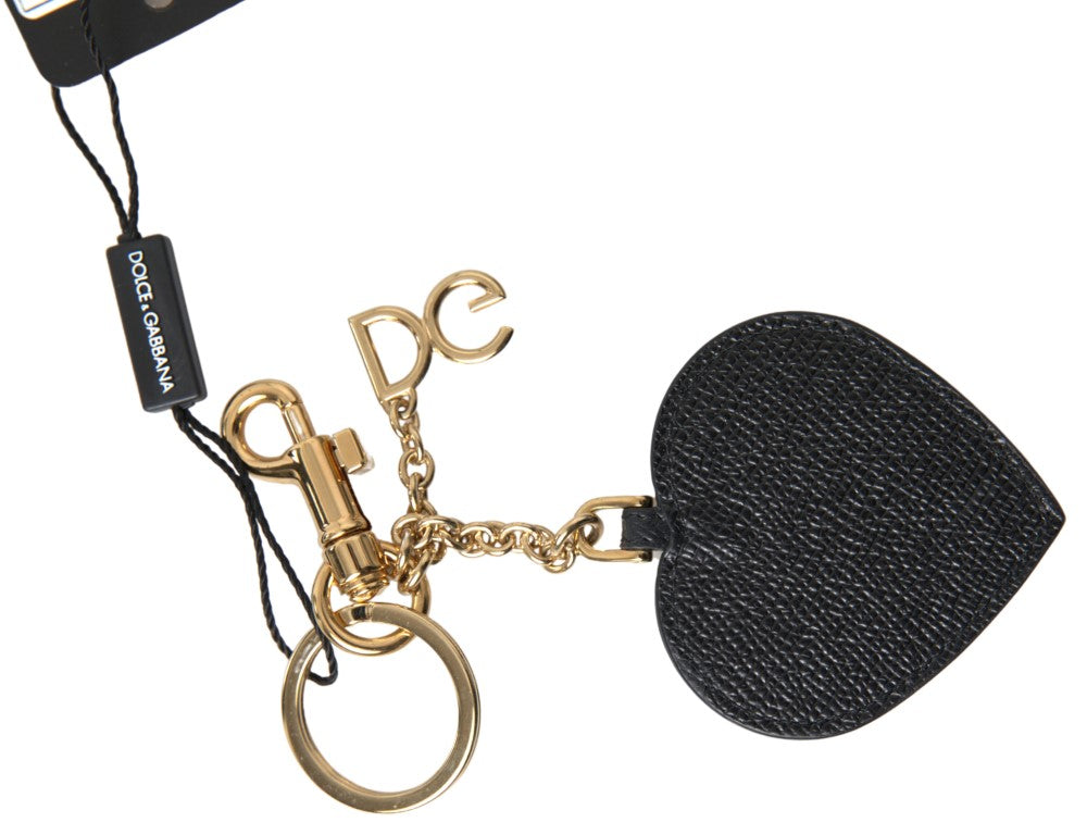 Dolce &amp; Gabbana Black Fuchsia Heart Leather Gold Metal Keyring Keychain