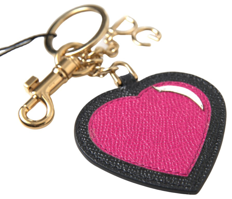 Dolce &amp; Gabbana Black Fuchsia Heart Leather Gold Metal Keyring Keychain