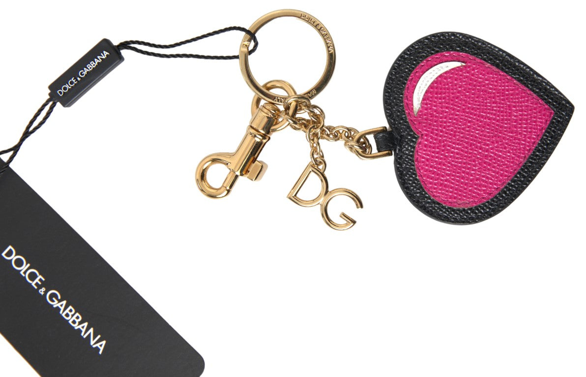 Dolce &amp; Gabbana Black Fuchsia Heart Leather Gold Metal Keyring Keychain