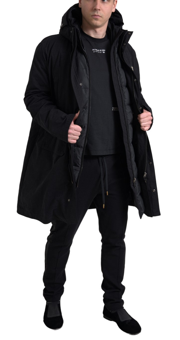 Dolce &amp; Gabbana Schwarze Parka-Trenchcoat-Jacke aus Baumwolle mit Kapuze