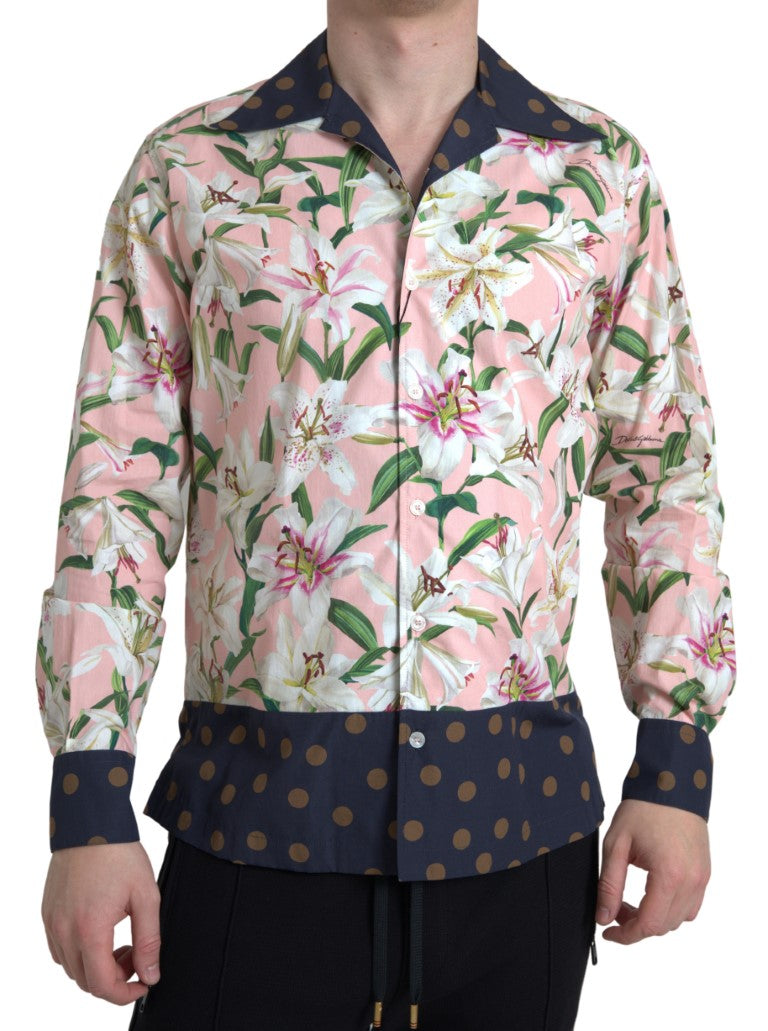 Dolce &amp; Gabbana Cotton Polka Dot Lily Print Collared Shirt