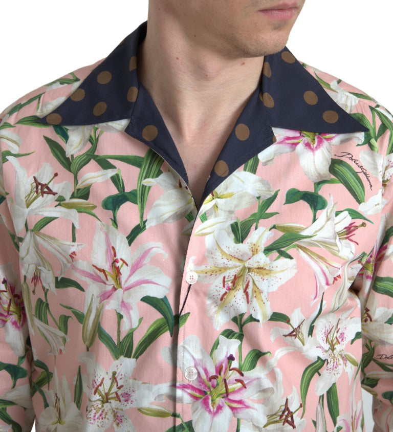 Dolce &amp; Gabbana Cotton Polka Dot Lily Print Collared Shirt