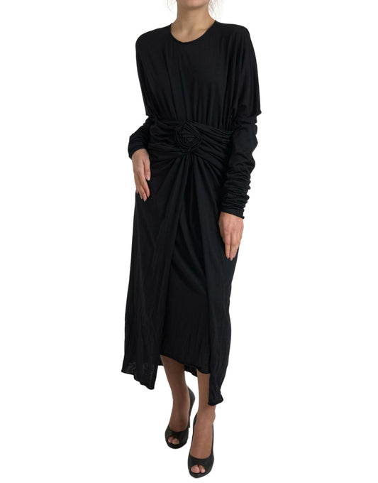 Dolce &amp; Gabbana Black Wool Wrap Sheath Midi Gown Dress