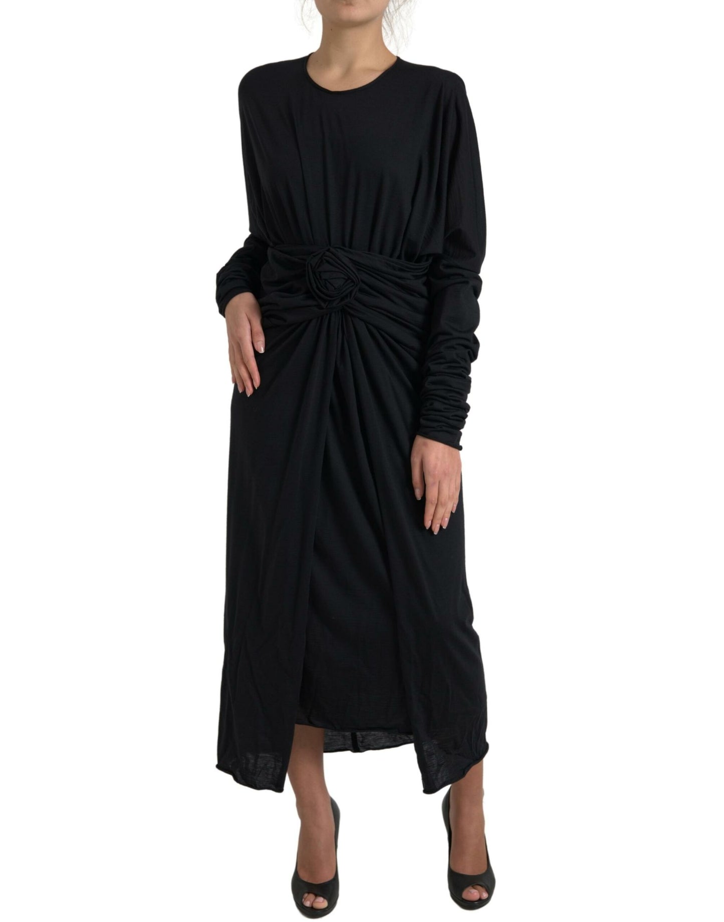 Dolce &amp; Gabbana Black Wool Wrap Sheath Midi Gown Dress