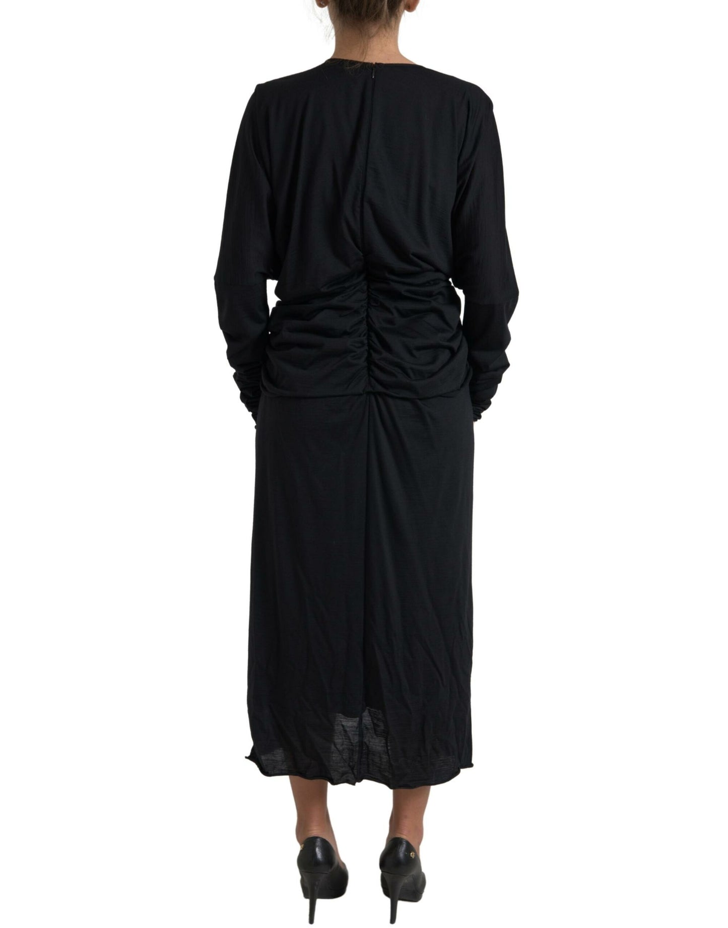 Dolce &amp; Gabbana Black Wool Wrap Sheath Midi Gown Dress