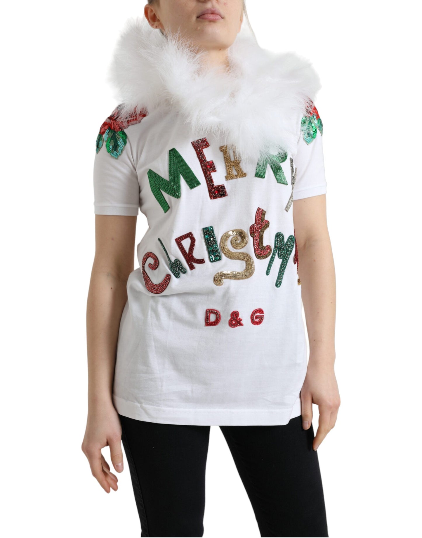 Dolce &amp; Gabbana Weißes Baumwoll-T-Shirt mit weihnachtlichem Paillettenpelz