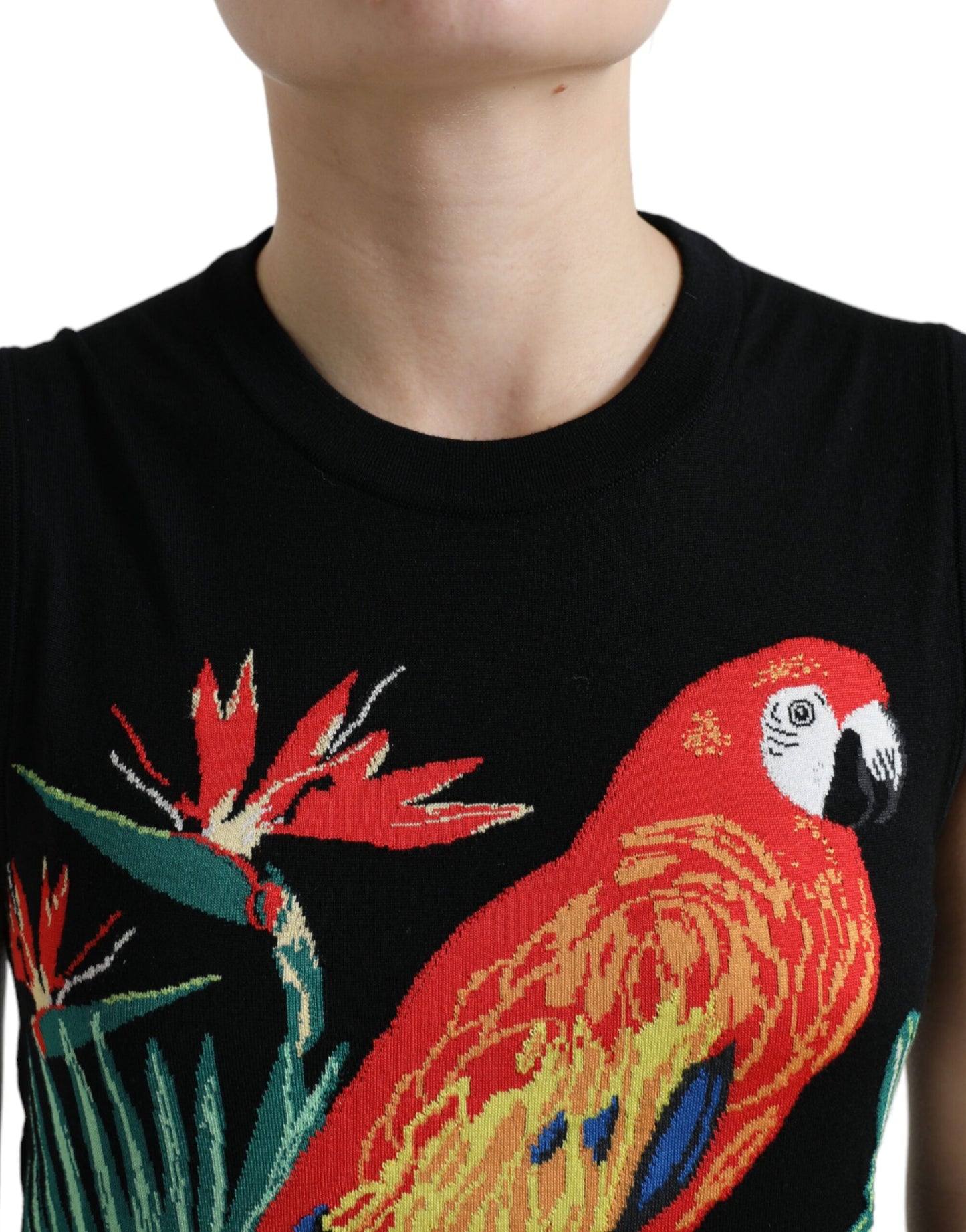 Dolce &amp; Gabbana – Schwarzes, ärmelloses Tank-T-Shirt aus Wollstrick mit Vogelmuster