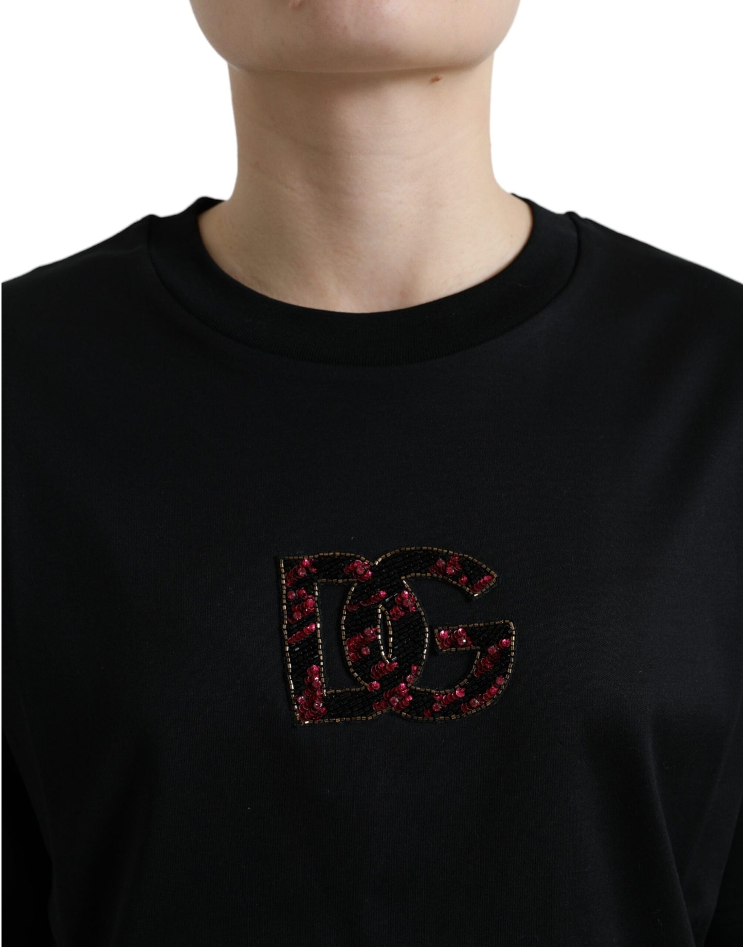 Dolce &amp; Gabbana Schwarzes Baumwoll-DG-Crystal-T-Shirt mit Rundhalsausschnitt