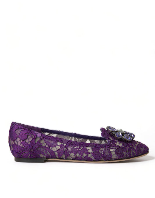 Dolce &amp; Gabbana Lila Vally Taormina Lace Crystals Flats Schuhe