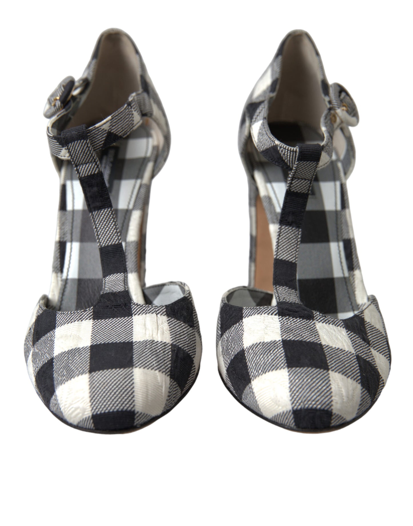 Dolce &amp; Gabbana Schwarz-weiße Gingham-Brokat-Mary-Janes-Schuhe