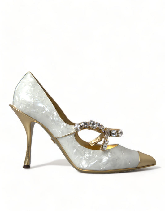 Weiße Mary Jane-Pumps mit Kristallperlen von Dolce &amp; Gabbana