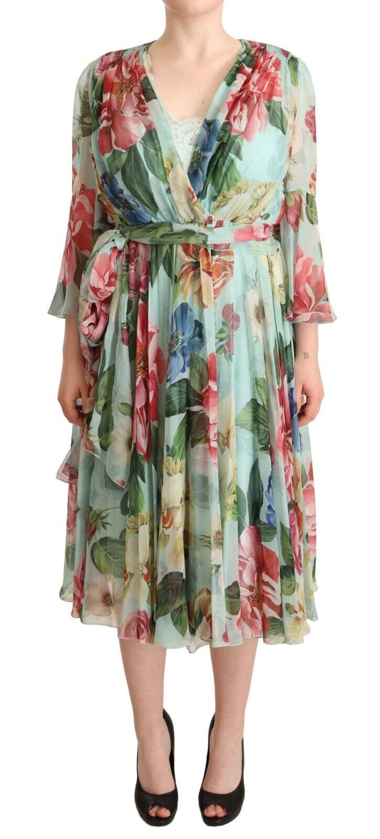 Dolce &amp; Gabbana Multicolor Green Floral Silk Wrap Midi Dress