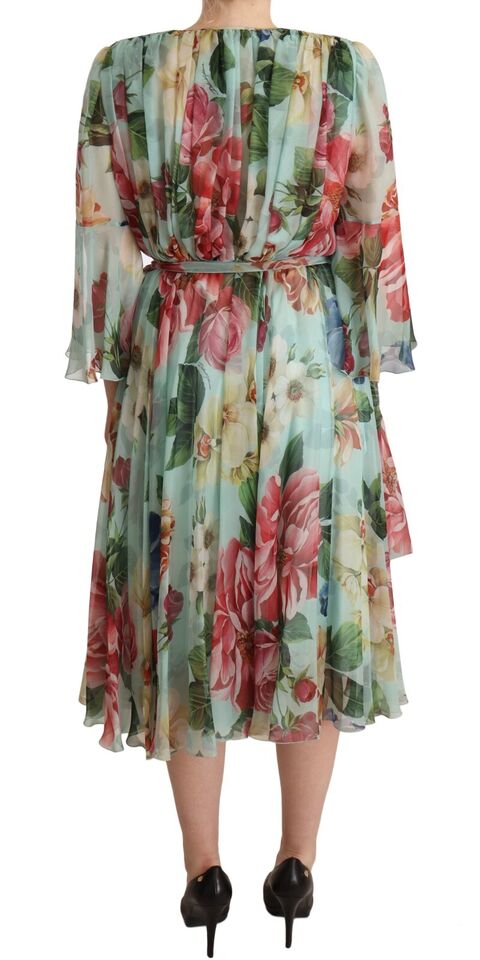 Dolce &amp; Gabbana Multicolor Green Floral Silk Wrap Midi Dress