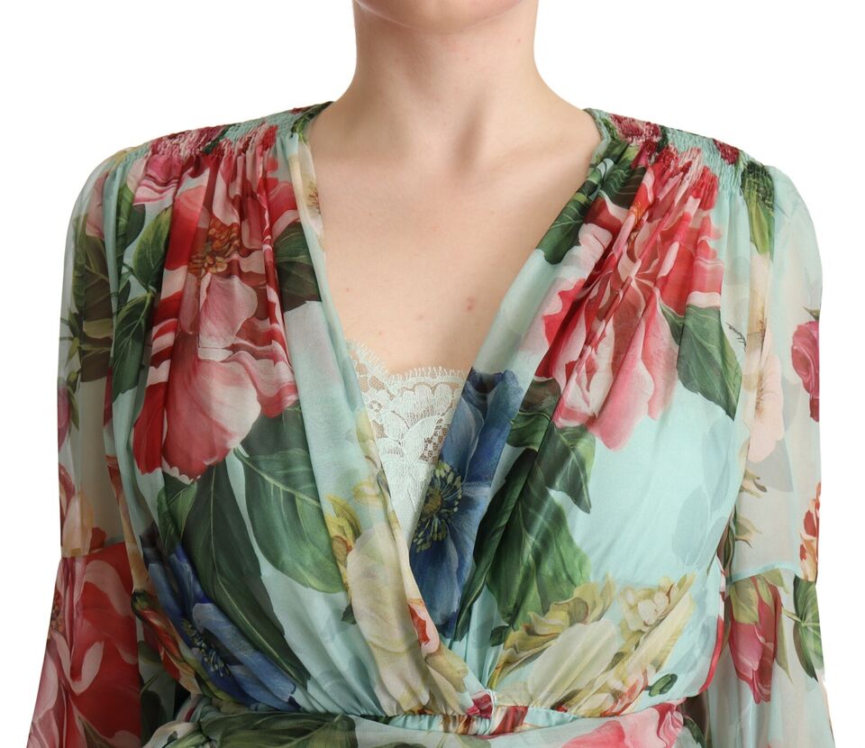 Dolce &amp; Gabbana Multicolor Green Floral Silk Wrap Midi Dress