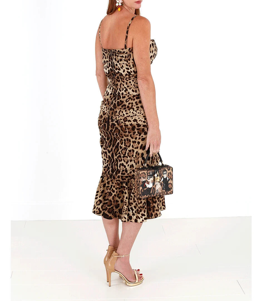 Dolce &amp; Gabbana Brown Leopard Print Ruched Midi Dress