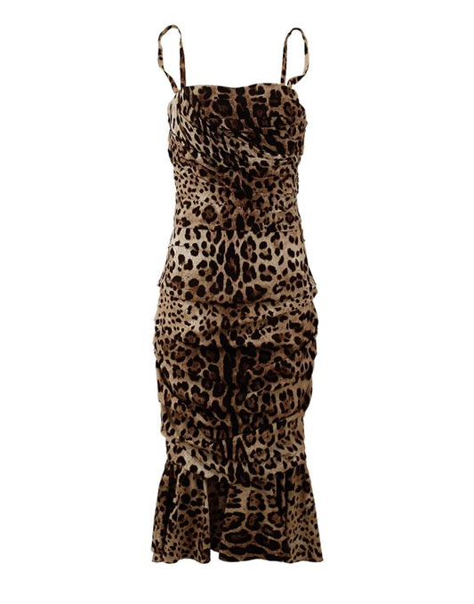 Dolce &amp; Gabbana Brown Leopard Print Ruched Midi Dress