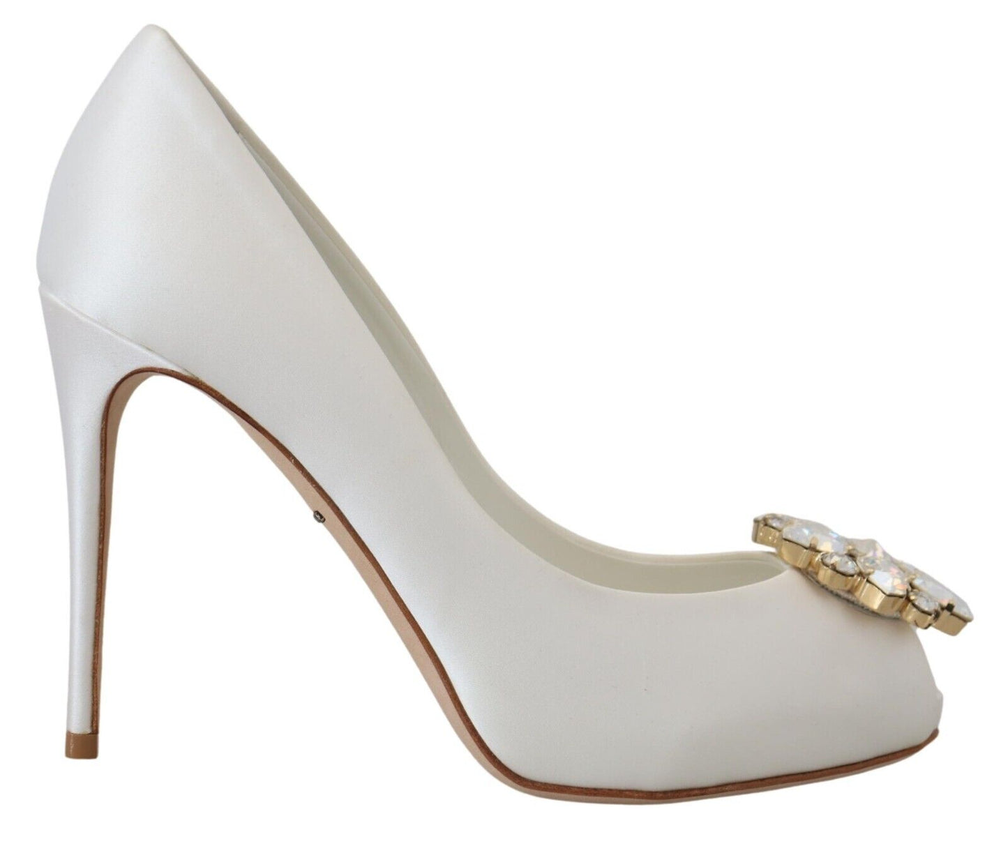 Dolce &amp; Gabbana weiße Satin-Pumps mit Kristallen und Peep-Toe-Absatz