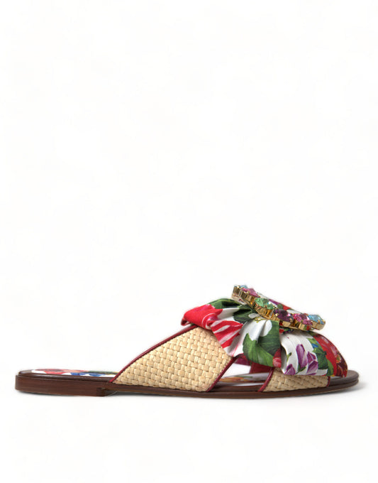 Dolce &amp; Gabbana Mehrfarbige Blumen-Flats-Kristall-Sandalen-Schuhe